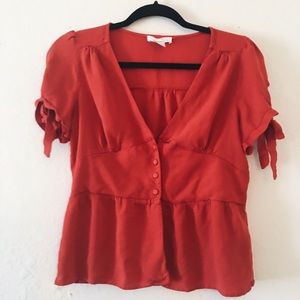 UO Romantic Red Button Down Tie Sleeve Flowy Top